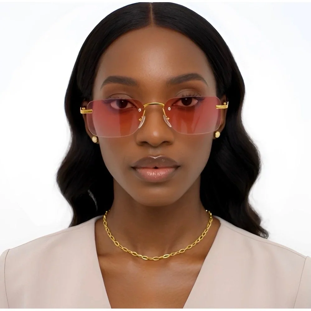 Pink Square Frameless Sunglasses‎ Gold Metal Frame Gradient Tinted Lens Hippie
